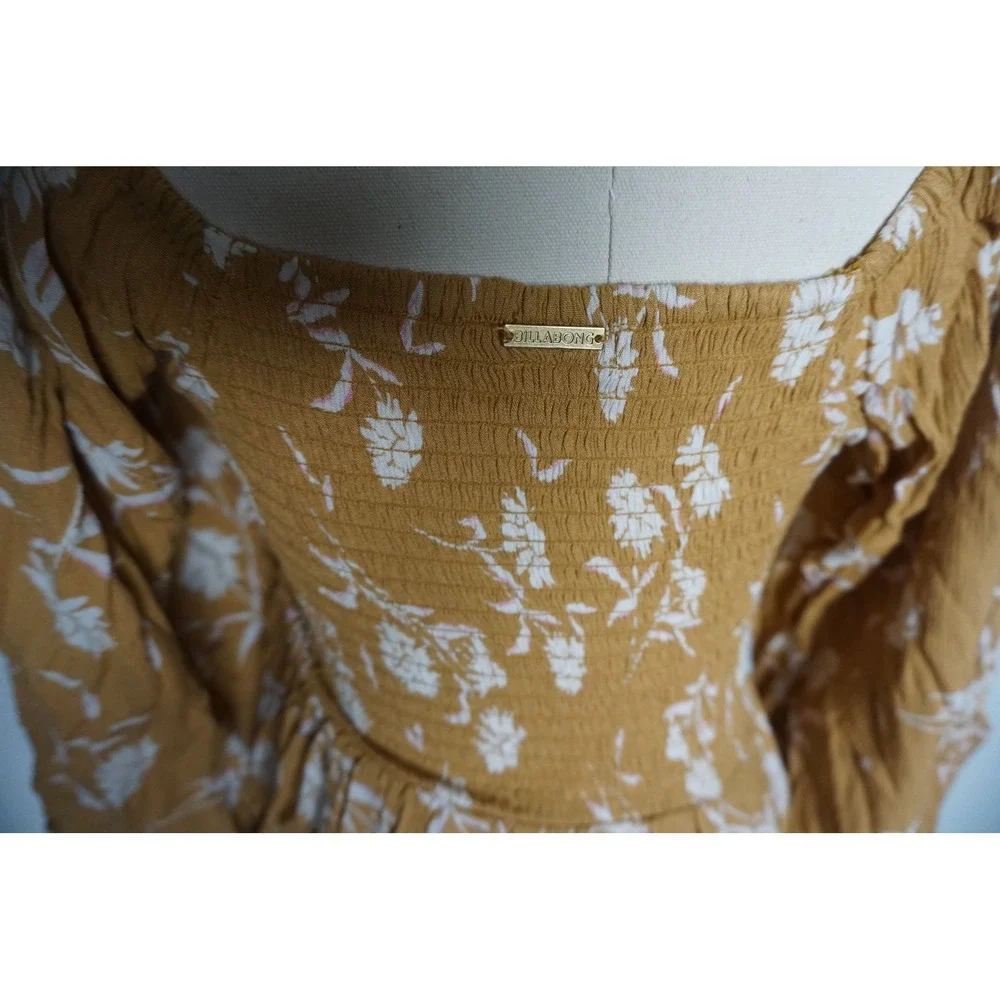 Billabong Mustard Yellow Floral Smocked Mini Dress Long Puff Sleeve Medium